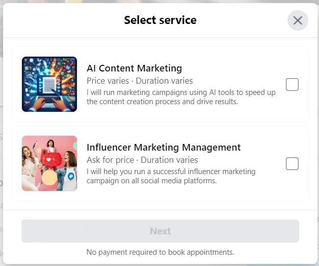 Select a service from Facebook page Select a service from Facebook page