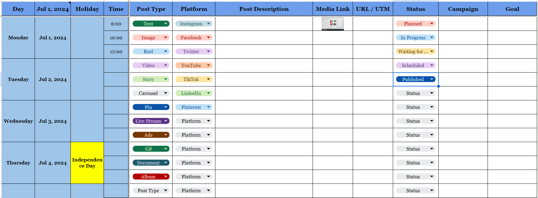 Example of a weekly calendar Example of a weekly calendar
