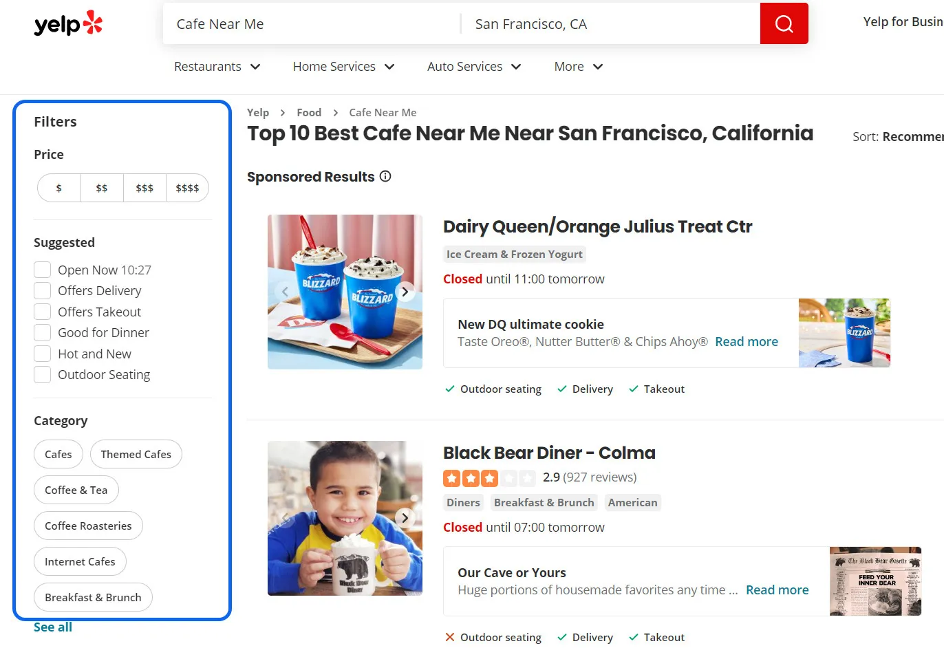 Setting a filter on Yelp Setting a filter on Yelp