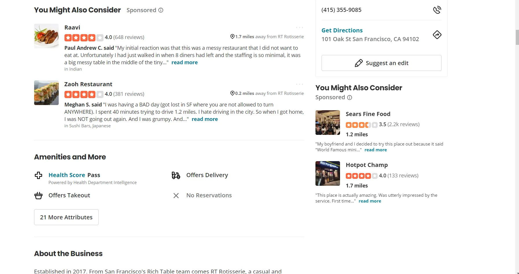 Yelp review page Yelp review page