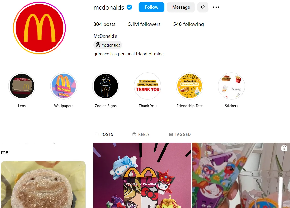 Instagram profile of McDonald Instagram profile of McDonald