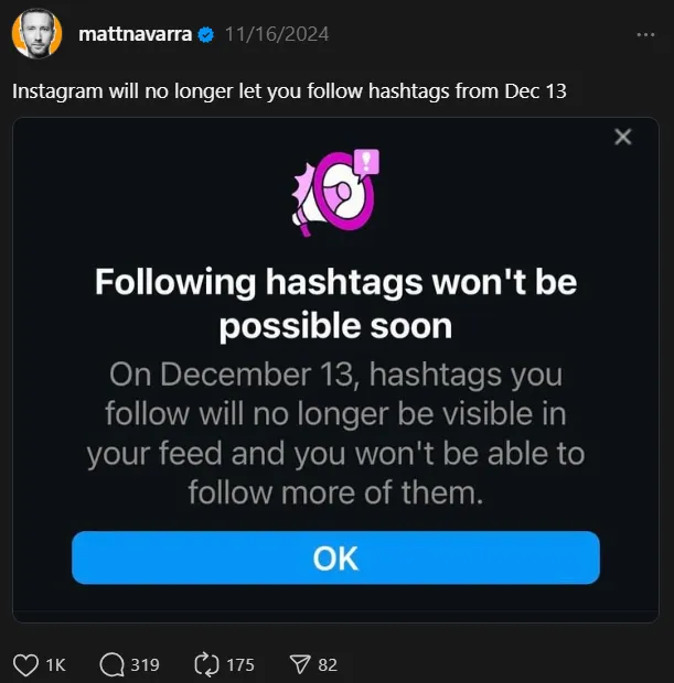 Instagram pop-up for Hashtag following getting removed Instagram pop-up for Hashtag following getting removed